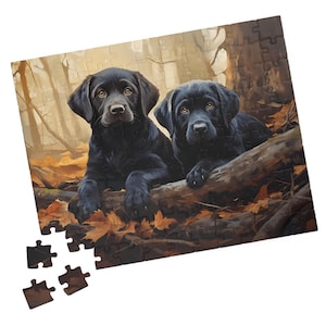 Black Labs in Woods Jigsaw Puzzle: Dog Portrait Painting