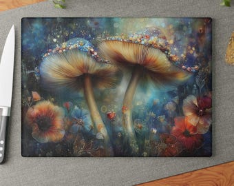 Fantasy Mushrooms with Flowers Glass Cutting Board, Functional Art, Artistic Kitchen Accessory, Housewarming Gift
