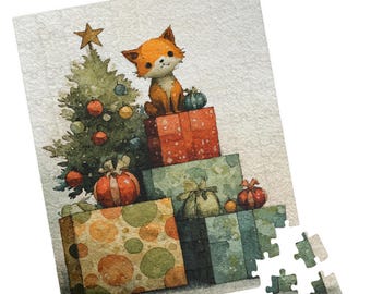 Watercolor Christmas Kitten Puzzle: Whimsical Holiday Jigsaw