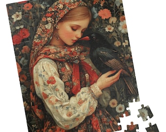 Beautiful Russian Girl with Black Bird - Jigsaw Puzzle. Gift for Holidays, Birthdays, Get Well, and Nursing Homes. Fun Tech-free Activity