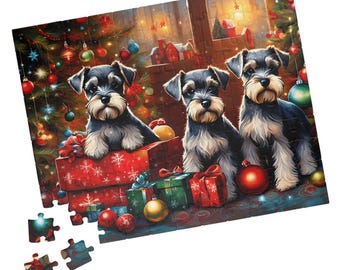 May include: A jigsaw puzzle featuring three Schnauzer dogs sitting among Christmas presents and ornaments. The scene includes a decorated tree with red, green, and gold baubles. Two loose puzzle pieces are positioned at the bottom left corner.