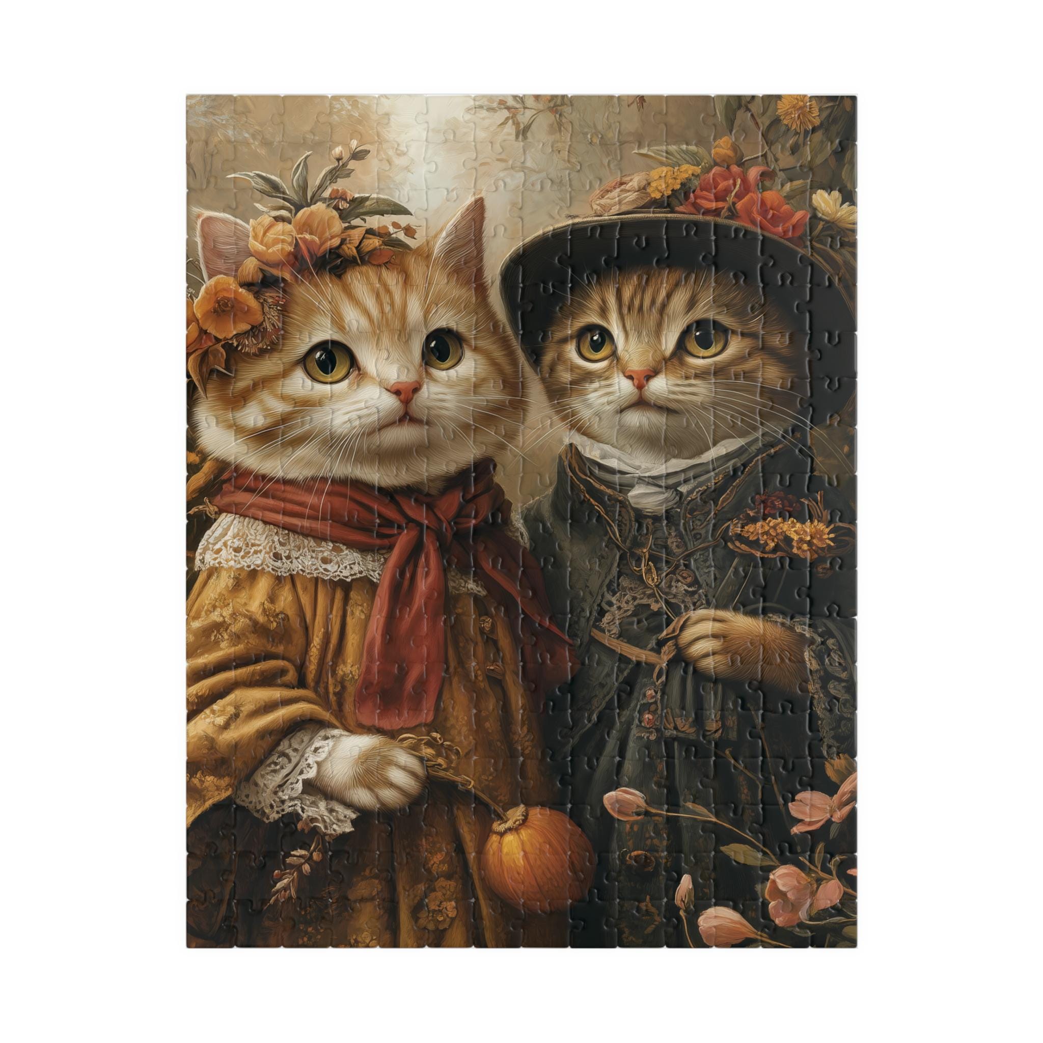 Victorian Cat Couple Jigsaw Puzzle: Whimsical Felines in Autumn