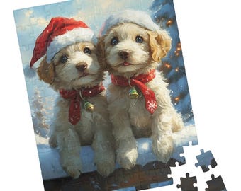 May include: A Christmas-themed jigsaw puzzle featuring two adorable puppies. The puppies wear Santa hats and red scarves with bells. The background shows a snowy winter scene with Christmas trees. The puzzle is partially assembled.