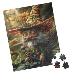 May include: A completed jigsaw puzzle featuring a whimsical illustration of a smiling gnome with a long white beard, wearing a hat adorned with flowers and mushrooms. The gnome is holding a mushroom staff. The puzzle is set in a forest scene with green foliage.