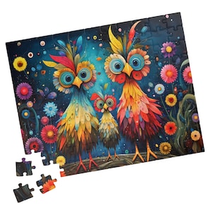 May include: A colorful jigsaw puzzle featuring three owls with large eyes and bright feathers. The owls are surrounded by flowers in shades of pink, purple, and yellow against a dark blue background.