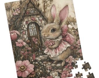 May include: A brown rabbit wearing a pink dress and holding a bouquet of pink flowers stands in front of a small stone cottage with a wooden door. The cottage is surrounded by pink flowers and greenery.