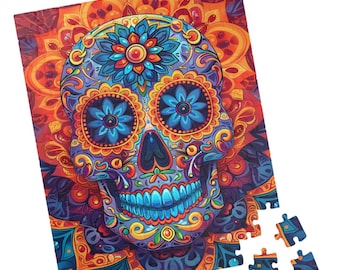 Blue and Orange Sugar Skull Jigsaw Puzzle. Great Gift for Day of the Dead, Puzzle Lovers of All Ages and Birthdays.Tech-free Fun Activity