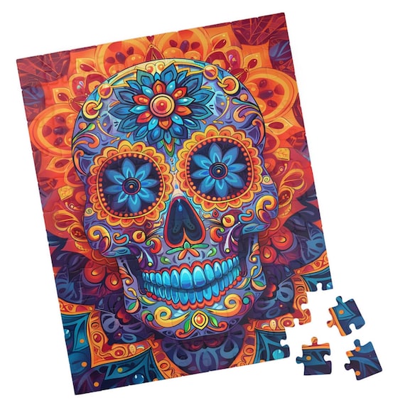 Blue and Orange Sugar Skull Jigsaw Puzzle. Great Gift for Day of