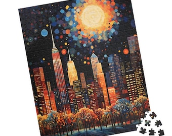 May include: A colorful jigsaw puzzle depicting a nighttime cityscape with tall buildings and a bright, stylized sun. The puzzle features a dark background with vibrant colors, including red, orange, and blue. A few puzzle pieces are separate.