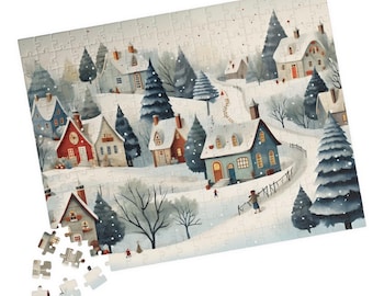 Snowy Town Jigsaw Puzzle: Folk Art Winter Village