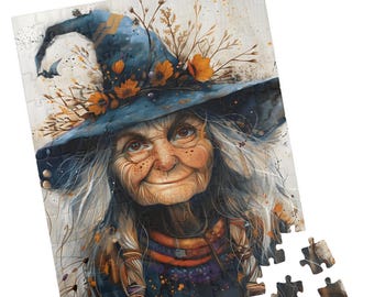 May include: A jigsaw puzzle featuring a watercolor illustration of an elderly witch with a blue hat adorned with orange flowers and sprigs. The witch has long gray hair and a friendly expression. Several puzzle pieces are separate.