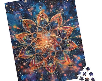 Celestial mandala-puzzel: rood, wit en blauw