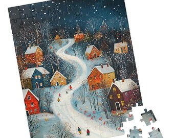 Verschneites skandinavisches Dorf Puzzle: Volkskunst Winterszene
