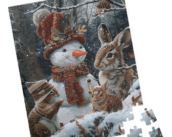 May include: A winter-themed jigsaw puzzle featuring a snowman with a carrot nose, wearing a red hat and scarf, surrounded by woodland animals. The animals include rabbits and chipmunks. The puzzle is set in a snowy forest scene.