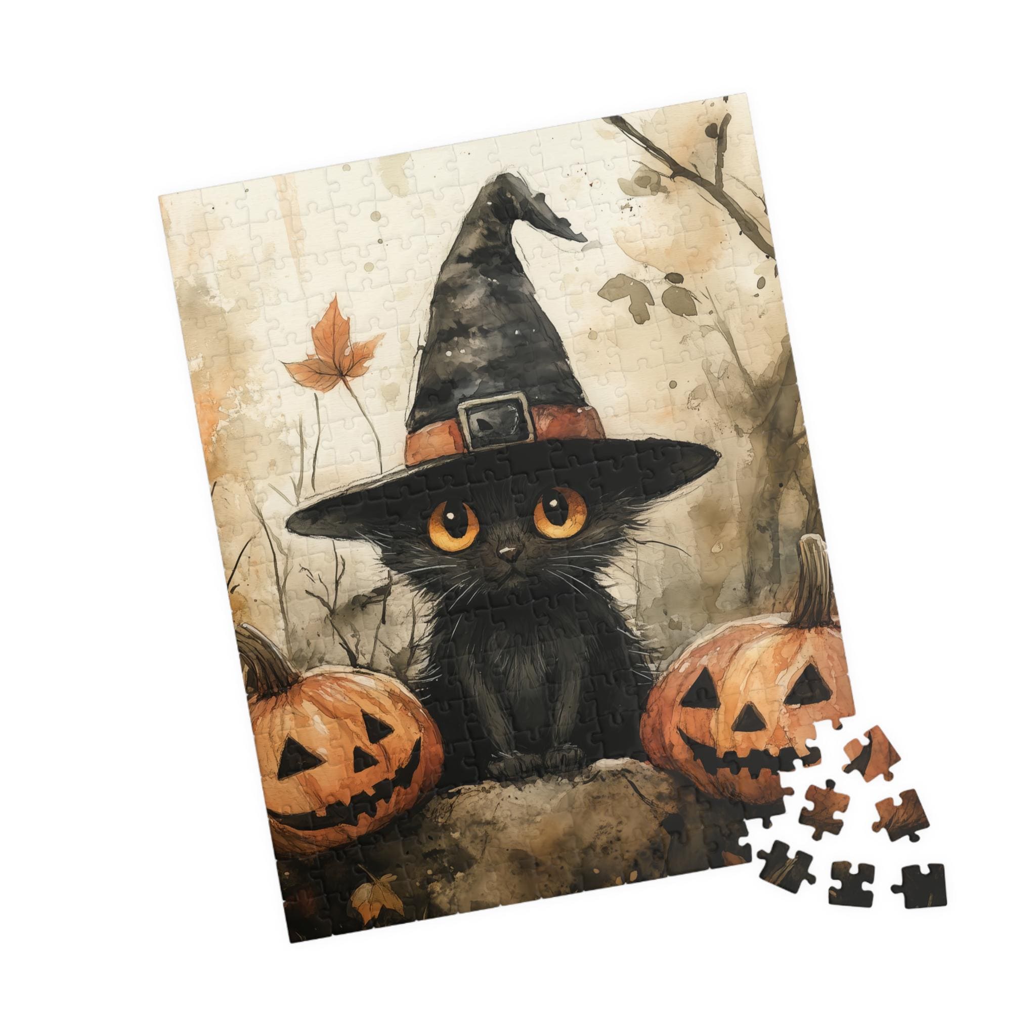 Black Cat Halloween Puzzle: Jack O' Lanterns Jigsaw (110