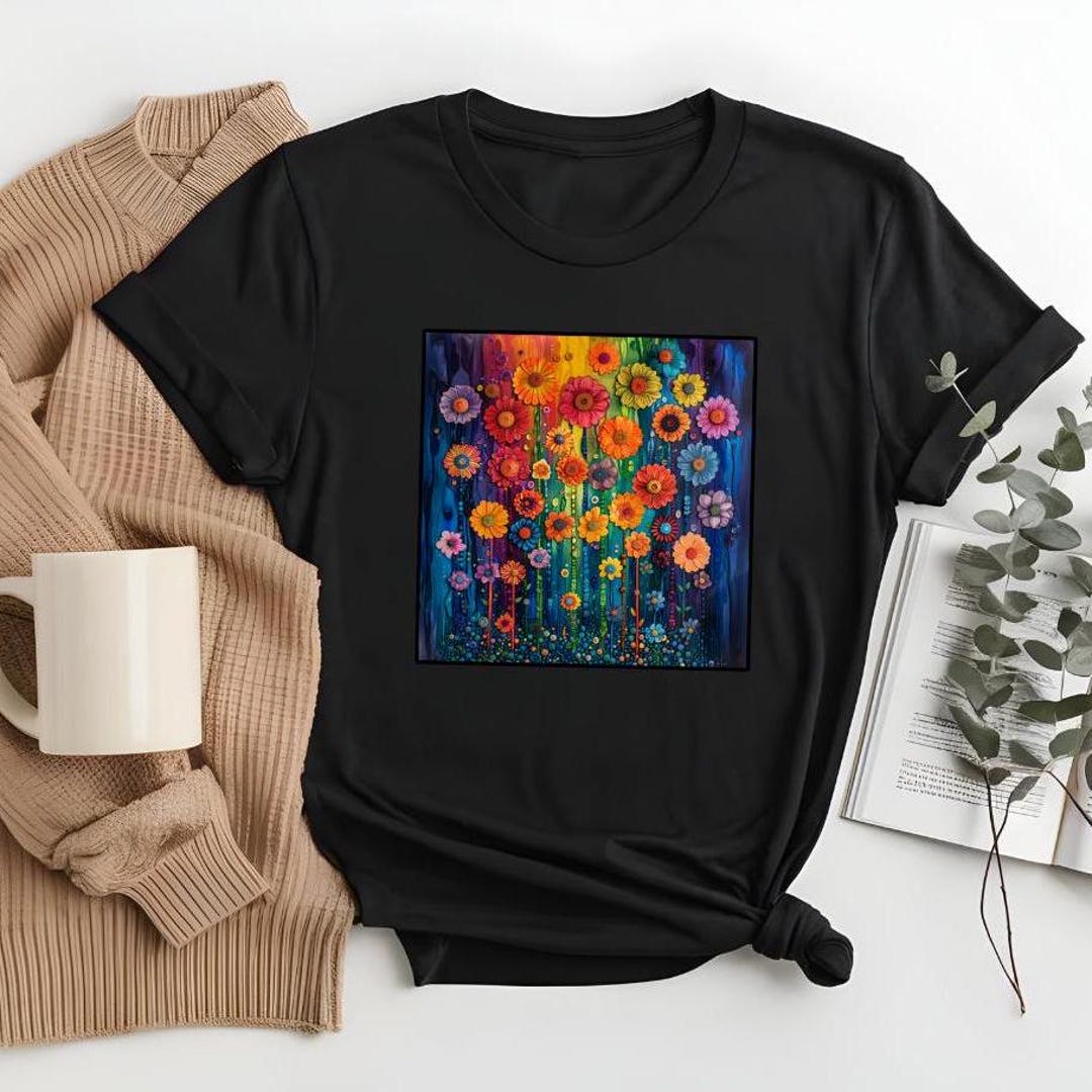 Rainbow Flowers T-shirt: Folk Art Graphic Print - Etsy