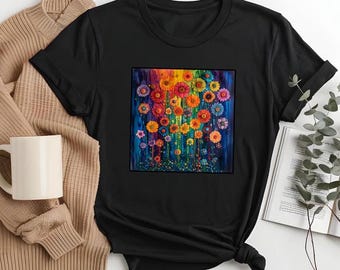 Rainbow Flowers T-shirt: Folk Art Graphic Print - Etsy