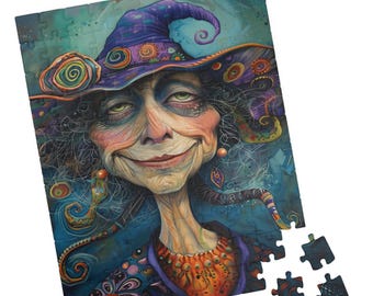 May include: A whimsical illustration of a witch with a purple hat and a mischievous smile. Her face is painted with intricate details and her hat is adorned with colorful swirls. The background is a vibrant blue with swirling patterns.