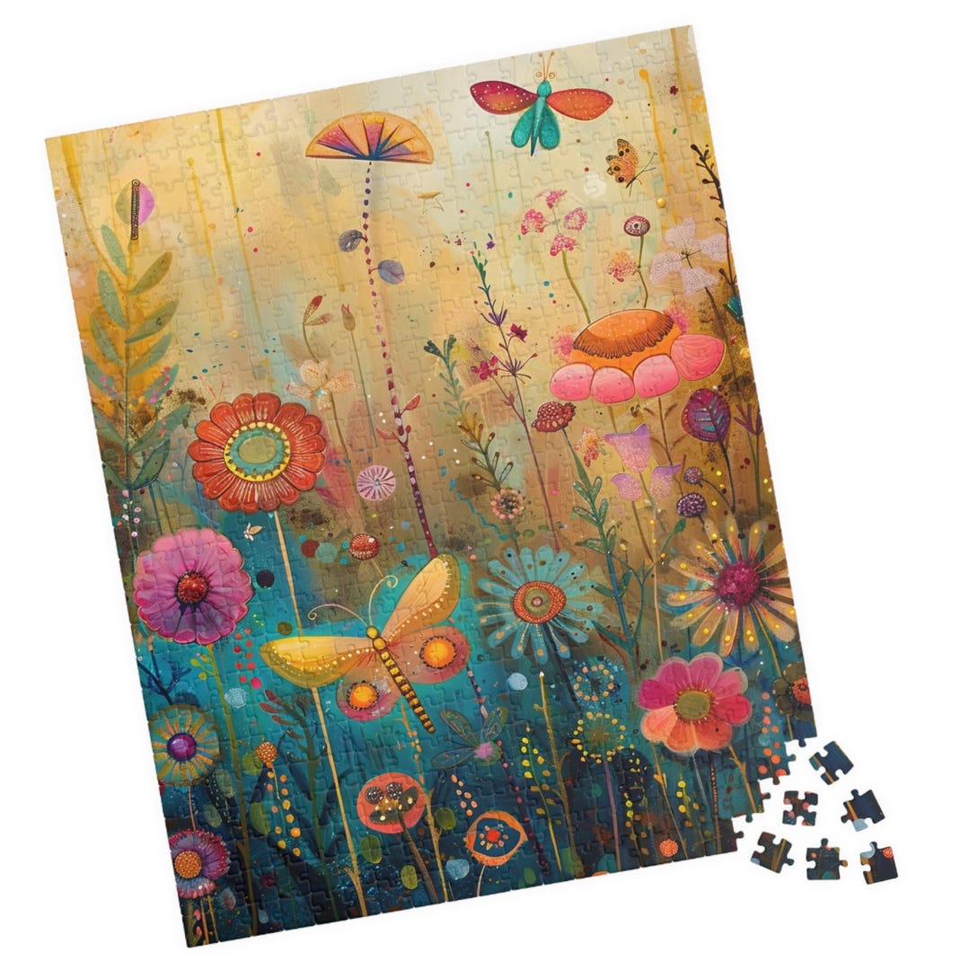 Simple Field of Flowers IV Puzzle. Butterfly and Wildflowers Watercolor ...