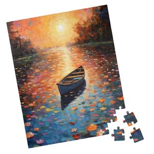 May include: A painting of a canoe on a lake with a sunset in the background. The lake is covered in colourful leaves.