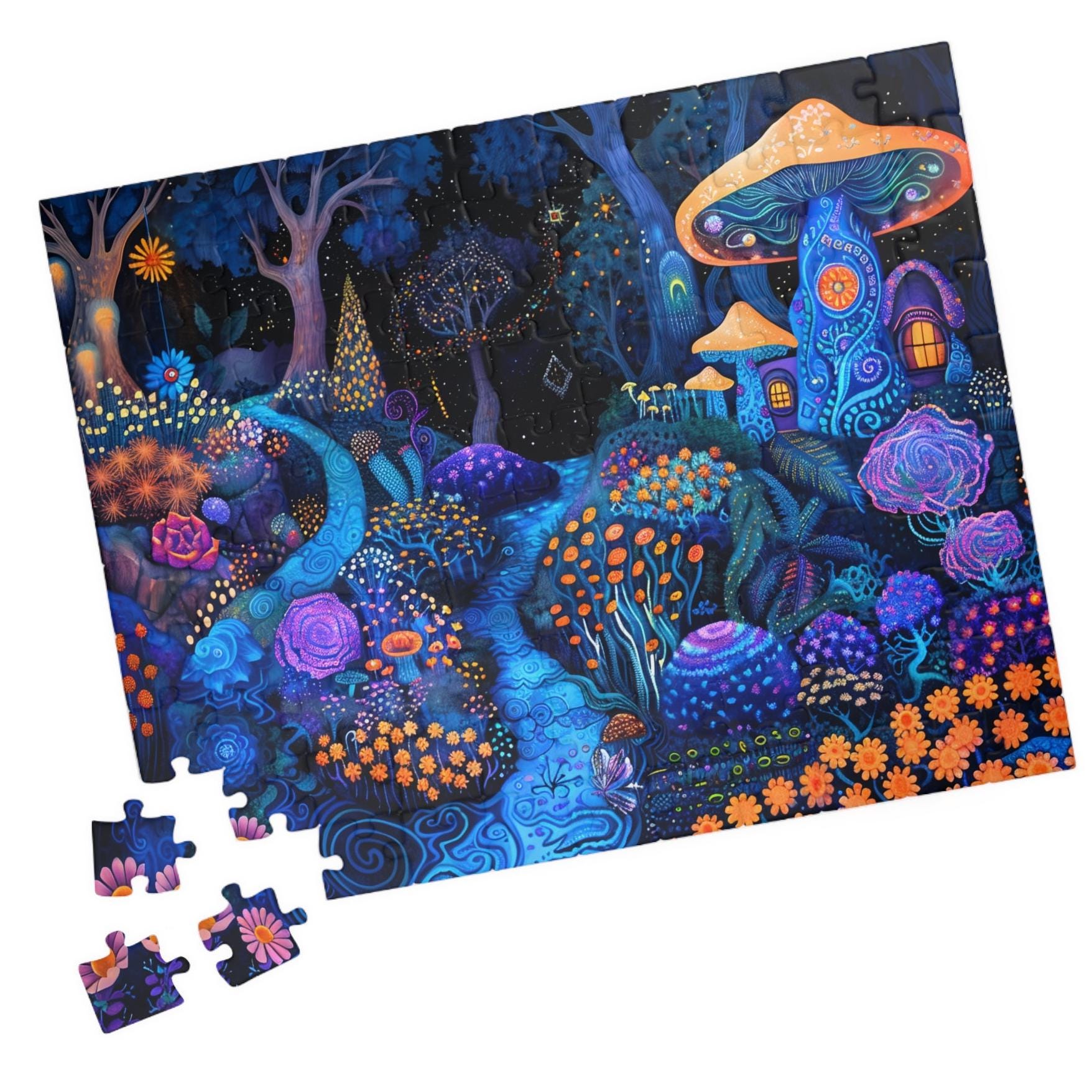 Midnight Mushroom House - Puzzle. Mystic Fairy Home Jigsaw. Tech