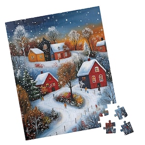 Winter Village Jigsaw Puzzle: Scandinavian Folk Art Sunset Scene