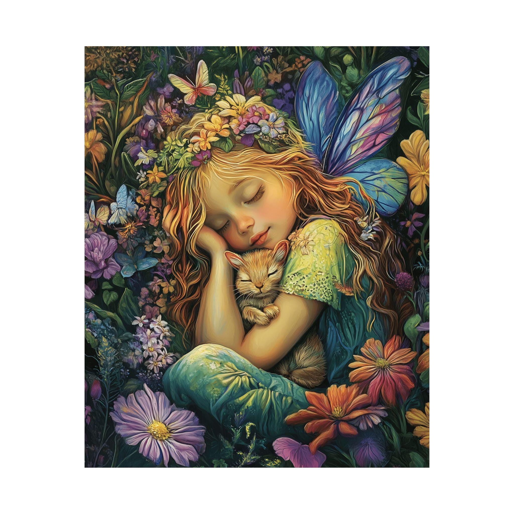 花の中で眠る妖精のアートプリント：気まぐれなファンタジーイラスト