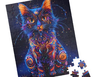 Zentangled Cat  Puzzle. Blue and Purple Kitty Jigsaw. Gift for Holidays, Birthday, Get Well, and Nursing Homes. Tech-free Family Activity