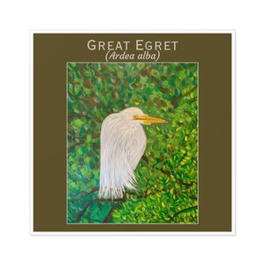 May include: A painting of a Great Egret (Ardea alba) perched in a green leafy tree. The bird is white with a yellow beak and black eyes.