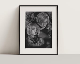 Leon Kennedy & Ashley Resident Evil 4 Remake Charcoal Drawing Print (NO FRAME)