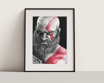 God of War Kratos-houtskoolportretprint (GEEN FRAME)