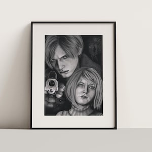 Leon Kennedy & Ashley Graham charcoal portrait print: Resident Evil (NO FRAME)