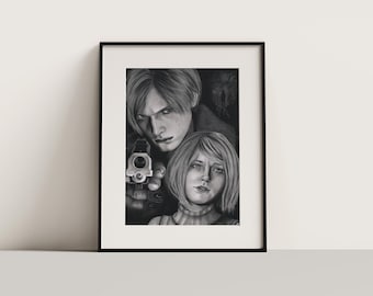Leon Kennedy & Ashley Graham charcoal portrait print: Resident Evil (NO FRAME)