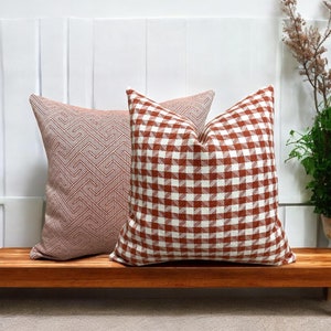Funda de almohada de lino grueso color terracota, funda de cojín de lino para tapicería, funda de cojín lumbar decorativa de lino, funda de almohada europea de lino a cuadros