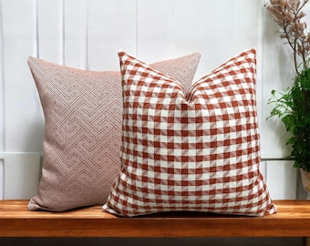 Terracotta Heavy Linen Pillow Case, Upholstery Linen Throw Pillow Cover, Decorative Linen Lumbar Pillow Cover, Plaid Linen Euro Sham Cover