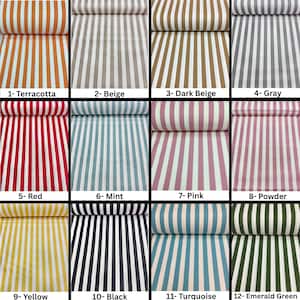 May include: A collection of striped fabric samples in various colors, including terracotta, beige, dark beige, gray, red, mint, pink, powder, yellow, black, turquoise, and emerald green. Each sample is labeled with a number.