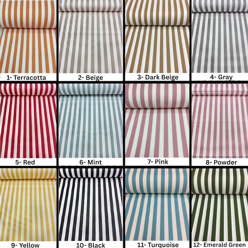 May include: A collection of striped fabric samples in various colors, including terracotta, beige, dark beige, gray, red, mint, pink, powder, yellow, black, turquoise, and emerald green. Each sample is labeled with a number.
