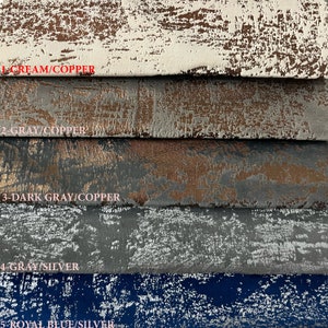 May include: Five fabric swatches with different colors and textures. The swatches are labeled with their color combinations: 1-Cream/Copper, 2-Gray/Copper, 3-Dark Gray/Copper, 4-Gray/Silver, and 5-Royal Blue/Silver.