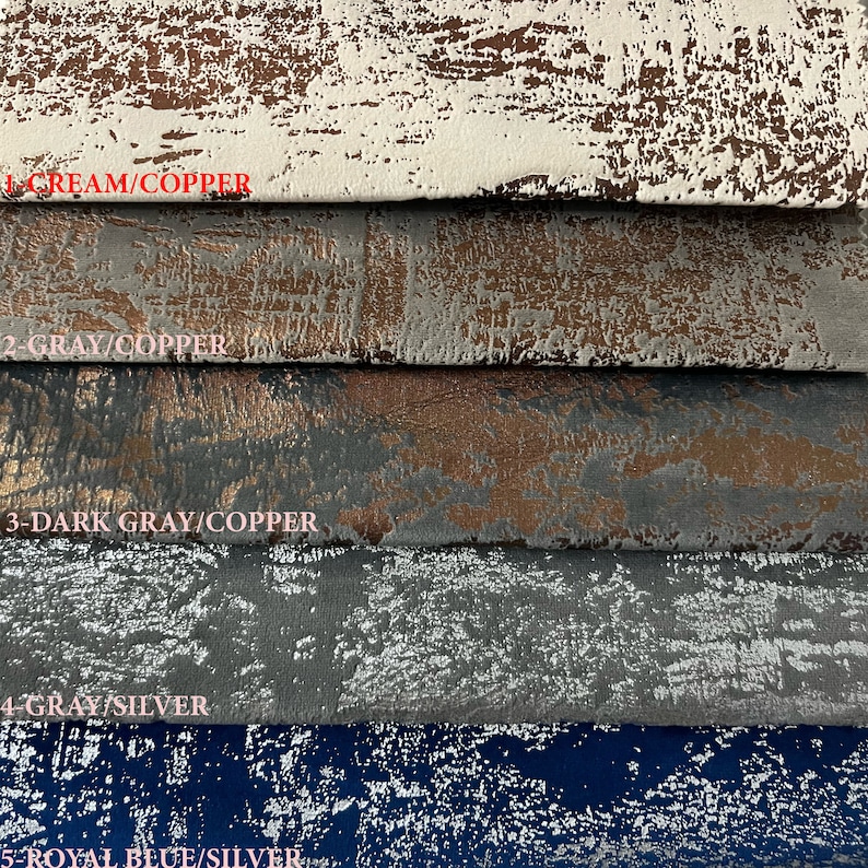 May include: Five fabric swatches with different colors and textures. The swatches are labeled with their color combinations: 1-Cream/Copper, 2-Gray/Copper, 3-Dark Gray/Copper, 4-Gray/Silver, and 5-Royal Blue/Silver.