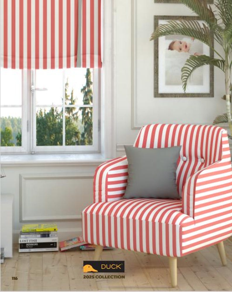 May include: A red and white striped armchair with a gray pillow. The chair has wooden legs and is positioned in front of a window with a matching striped shade. A framed picture and a plant are also visible.