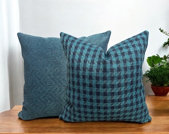 Turquoise Heavy Linen Throw Pillow Cover, Teal Upholstery Linen Pillowcase, Decorative Linen Lumbar Pillow Cover, Plaid Linen Euro Sham