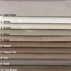 May include: Ten fabric swatches in various shades of beige, from light beige to tan brown. The swatches are labeled with numbers and names, including Light Beige, White, Cream, Bone, Beige, Camel, Tuscan Tan, Tan, Sand, and Tan Brown.