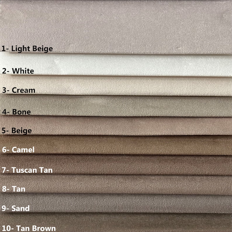 May include: Ten fabric swatches in various shades of beige, from light beige to tan brown. The swatches are labeled with numbers and names, including Light Beige, White, Cream, Bone, Beige, Camel, Tuscan Tan, Tan, Sand, and Tan Brown.