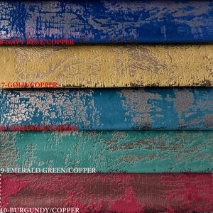 May include: Five fabric swatches with a copper finish. The swatches are navy blue, gold, turquoise, emerald green, and burgundy.