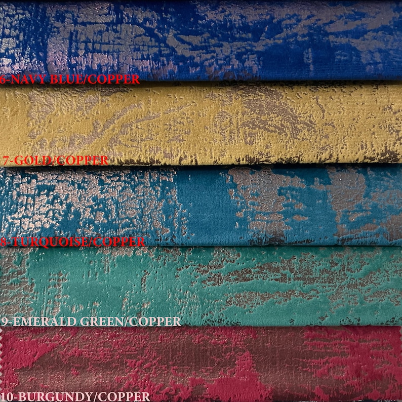 May include: Five fabric swatches with a copper finish. The swatches are navy blue, gold, turquoise, emerald green, and burgundy.