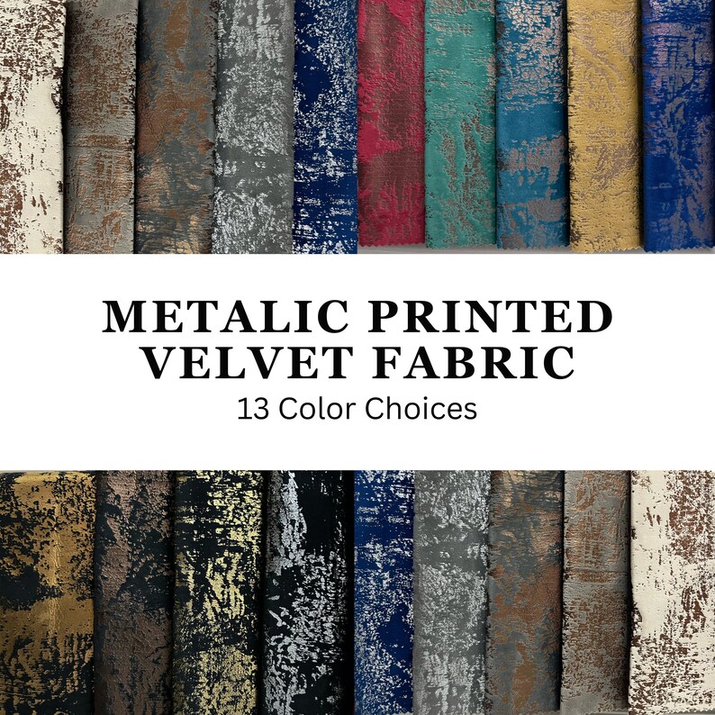 May include: A collection of 13 metallic printed velvet fabric swatches in various colors, including gold, silver, blue, red, and green.  Metallic Printed Velvet Fabric. 13 Color Choices.