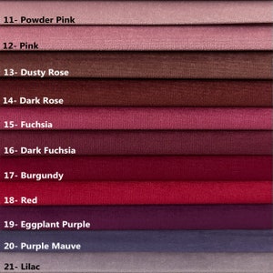 May include: A fabric swatch card showing 10 different shades of pink, red, and purple fabric. The swatches are labeled with numbers and names, including Powder Pink, Pink, Dusty Rose, Dark Rose, Fuchsia, Dark Fuchsia, Burgundy, Red, Eggplant Purple, Purple Mauve, and Lilac.