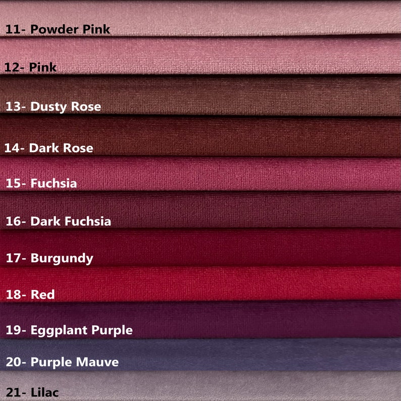 May include: A fabric swatch card showing 10 different shades of pink, red, and purple fabric. The swatches are labeled with numbers and names, including Powder Pink, Pink, Dusty Rose, Dark Rose, Fuchsia, Dark Fuchsia, Burgundy, Red, Eggplant Purple, Purple Mauve, and Lilac.