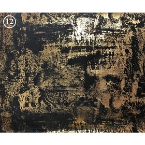 May include: Abstract art painting with a black background and gold accents. The gold paint is applied in a textured, layered style, creating a dynamic and visually interesting piece.