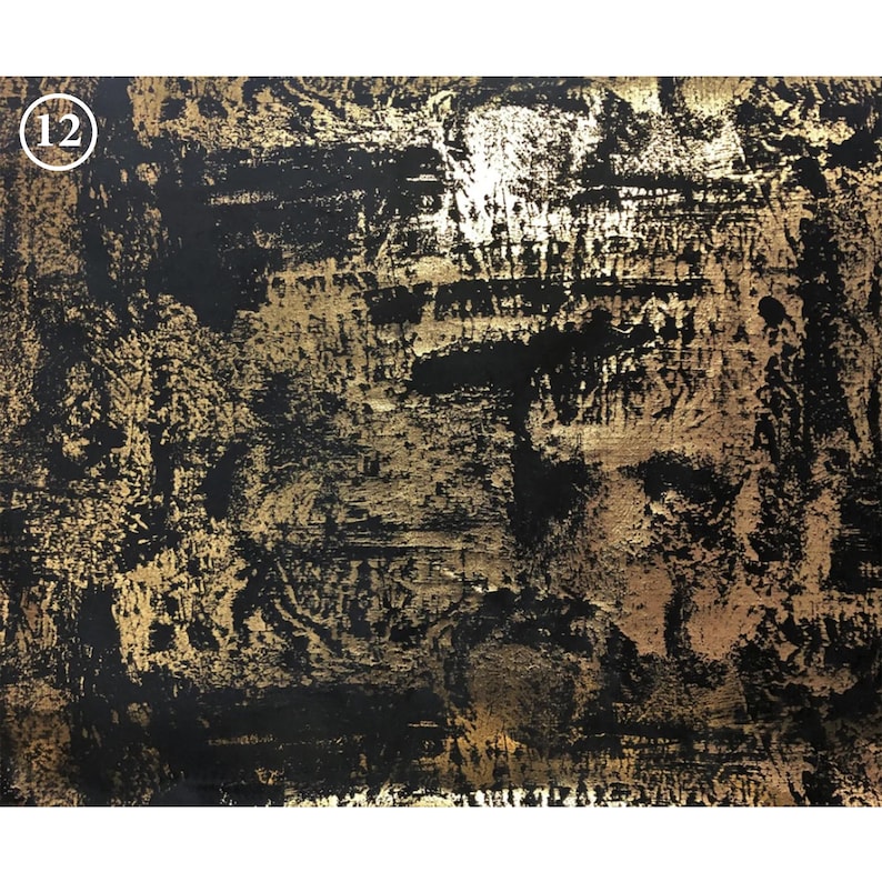 May include: Abstract art painting with a black background and gold accents. The gold paint is applied in a textured, layered style, creating a dynamic and visually interesting piece.